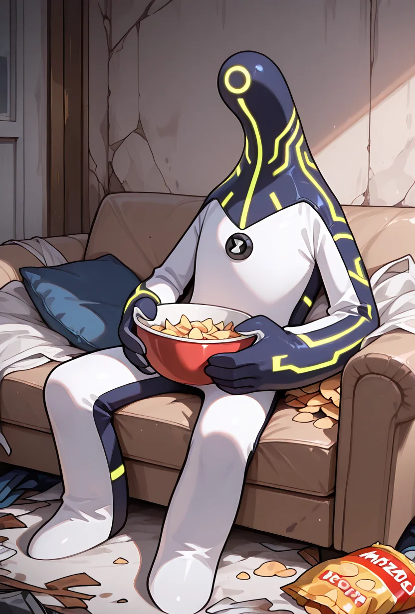 <lora:upgrade-08:1> upgrade, solo, no humans, neon trim, brown strips, no humans, lazy, sitting on sofa, holding bowl of chips, messy room, dirty room, stinky, laying on sofa, masterpiece, best quality, amazing quality, very aesthetic, absurdres, newest,