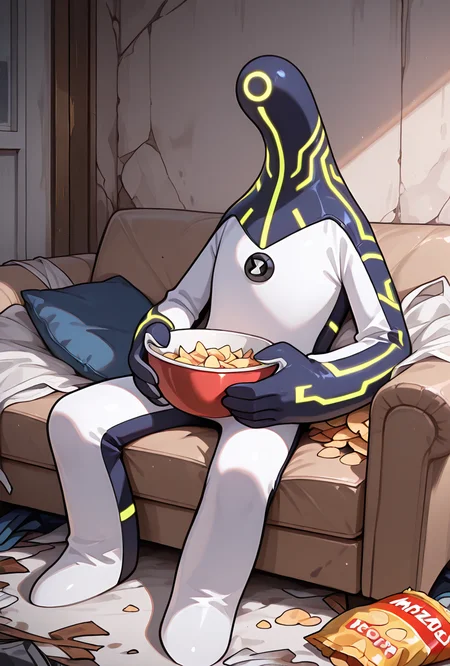 <lora:upgrade-08:1> upgrade, solo, no humans, neon trim, brown strips, no humans, lazy, sitting on sofa, holding bowl of chips, messy room, dirty room, stinky, laying on sofa, masterpiece, best quality, amazing quality, very aesthetic, absurdres, newest,
