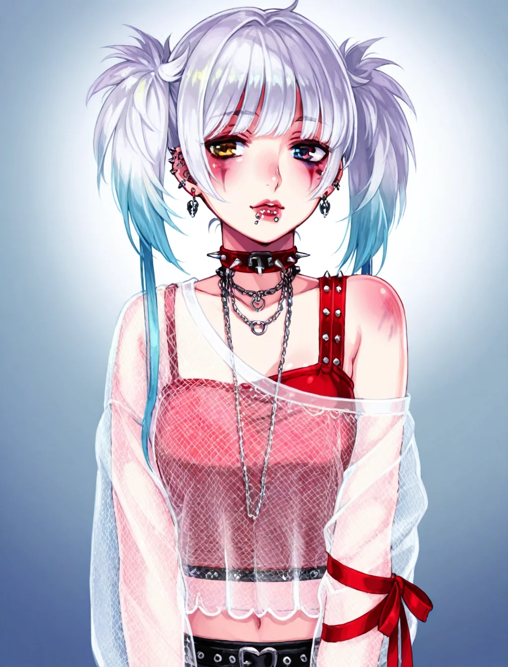 expert level color theory, Jagged Zone, 1girl, arm ribbon, bracelet, bruised face, crop top, earrings, fishnet overshirt, lip piercing, red shirt, single strap, spiked choker, white overshirt, midriff, heterochromia, upper body, kenkou cross