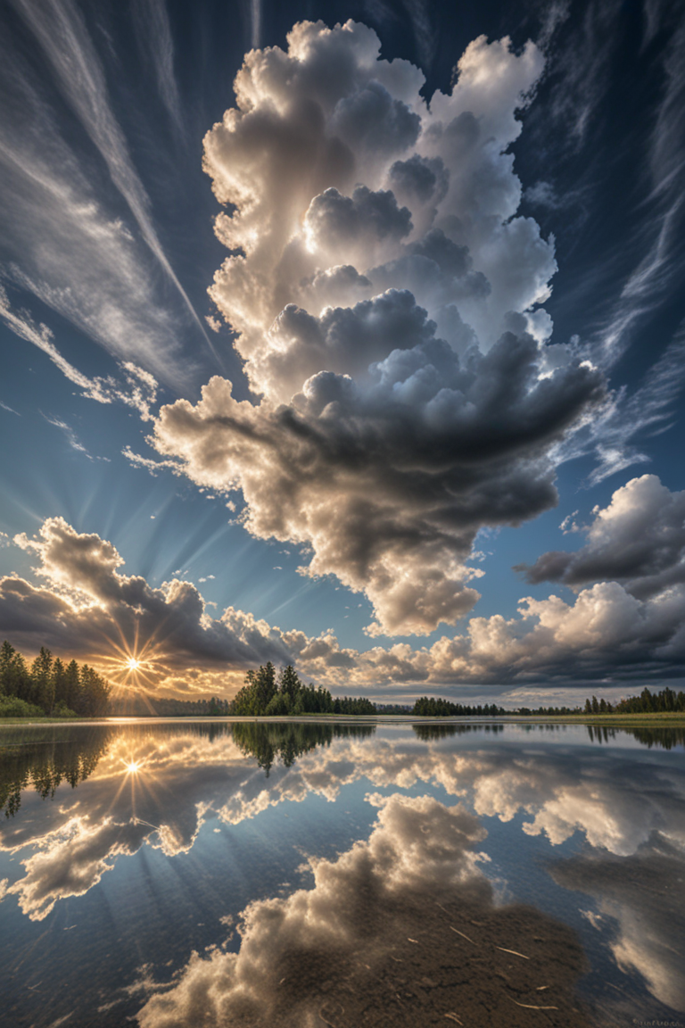 HDR photo of  Observe a vast, billowing cloud reflected perfectly in the still waters of a mirror, creating an ethereal duality where sky meets reflection, . High dynamic range, vivid, rich details, clear shadows and highlights, realistic, intense, enhanced contrast, highly detailed