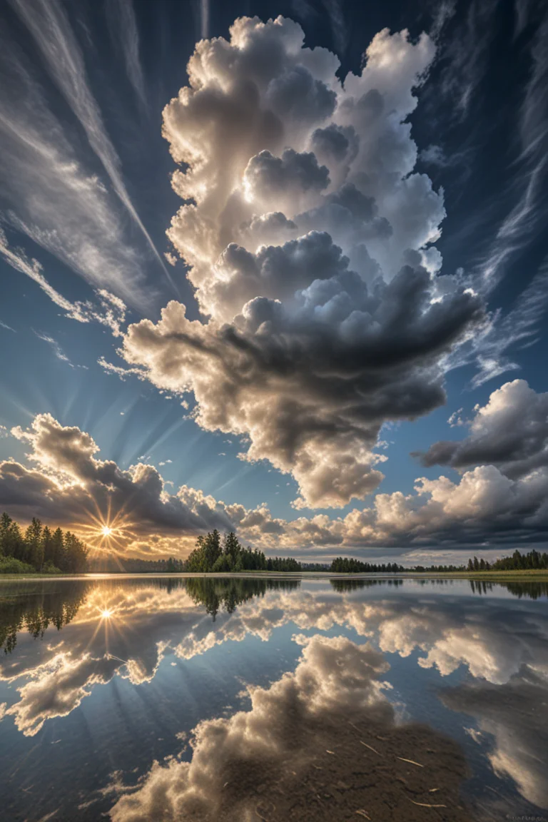 HDR photo of Observe a vast, billowing cloud reflected perfectly in the still waters of a mirror, creating an ethereal duality where sky meets reflection, . High dynamic range, vivid, rich details, clear shadows and highlights, realistic, intense, enhanced contrast, highly detailed