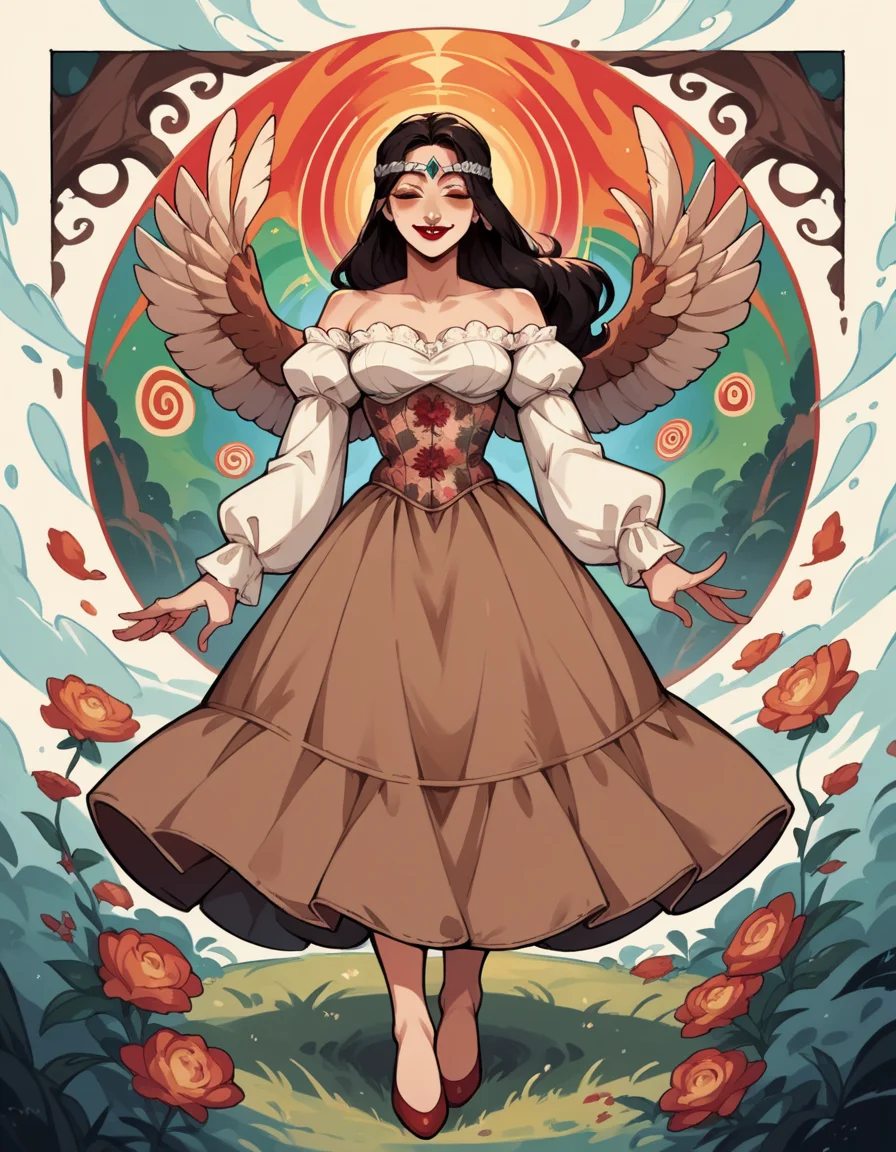 score_9, score_8_up, score_7_up, score_6_up, score_5_up, score_4_up, source_anime, 1girl, long black updo hair, full body, smile, makeup, red lipstick, hud_forest_fairy_dress, white and brown dress, puffy sleeves, brown floral corset, silver circlet, bare shoulders, wings, <lora:forestfairyxlp_epoch_8:0.6>, hud_psyc_styl_XLP, psychedelic, trippy, <lora:hud_psyc_styl_XLP-000008:0.5>