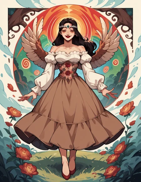 score_9, score_8_up, score_7_up, score_6_up, score_5_up, score_4_up, source_anime, 1girl, long black updo hair, full body, smile, makeup, red lipstick, hud_forest_fairy_dress, white and brown dress, puffy sleeves, brown floral corset, silver circlet, bare shoulders, wings, <lora:forestfairyxlp_epoch_8:0.6>, hud_psyc_styl_XLP, psychedelic, trippy, <lora:hud_psyc_styl_XLP-000008:0.5>