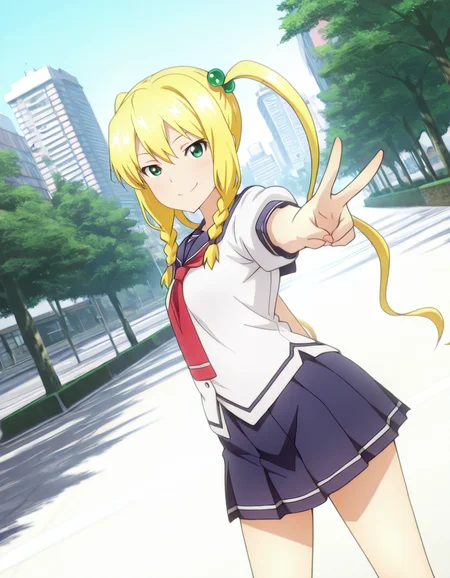 1girl, solo, school uniform, serafuku, pleated skirt, v, smile, city, tree, <lora:Kodama_Himegami_LCD_v01:1> kodamahimegamilcd, braid, twintails, hair bobbles, blonde hair, green eyes, long hair,
solo,
dutch angle, depth of field, HDR, 8K, masterpiece,best quality,amazing quality, highest score,