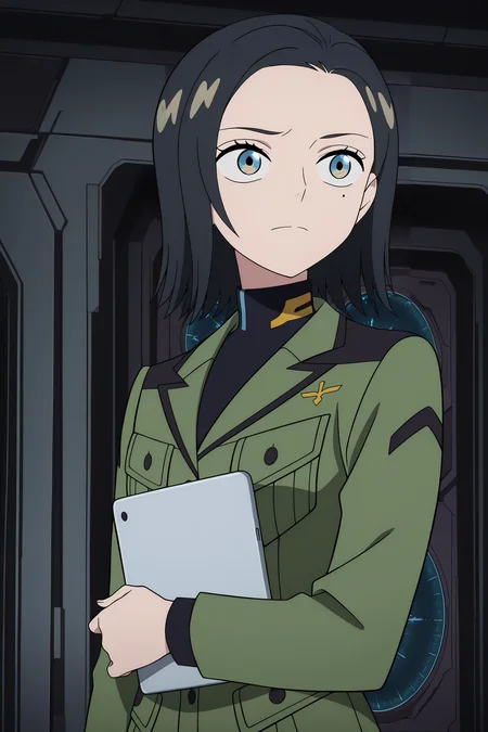 volumetric lighting, official style, amazing quality, ultra detailed, highres, detailed background, anime screenshot, anime screencap, anime coloring, masterpiece, detailed face,1girl   <lora:Comoli_Harcourt__:0.8>Comoli_Harcourt, uniform, brown and blue eyes, black hair, military, military uniform, mole under eye, mole, tablet pc, solo, short hair, green jacket, science fiction, holding
