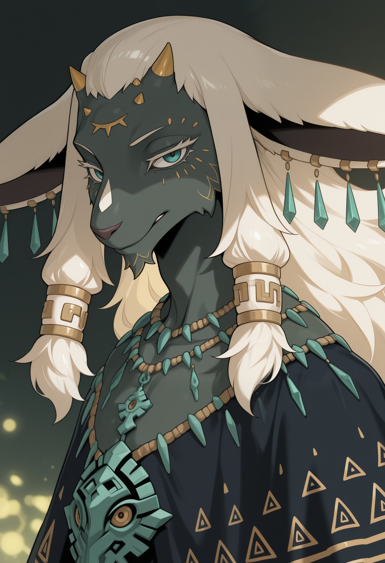 masterpiece,best quality,amazing quality, 1boy, sol,r4uru, furry male, green earrings, hair ornaments, necklaces, black capelet, side angle, close up, smirk,