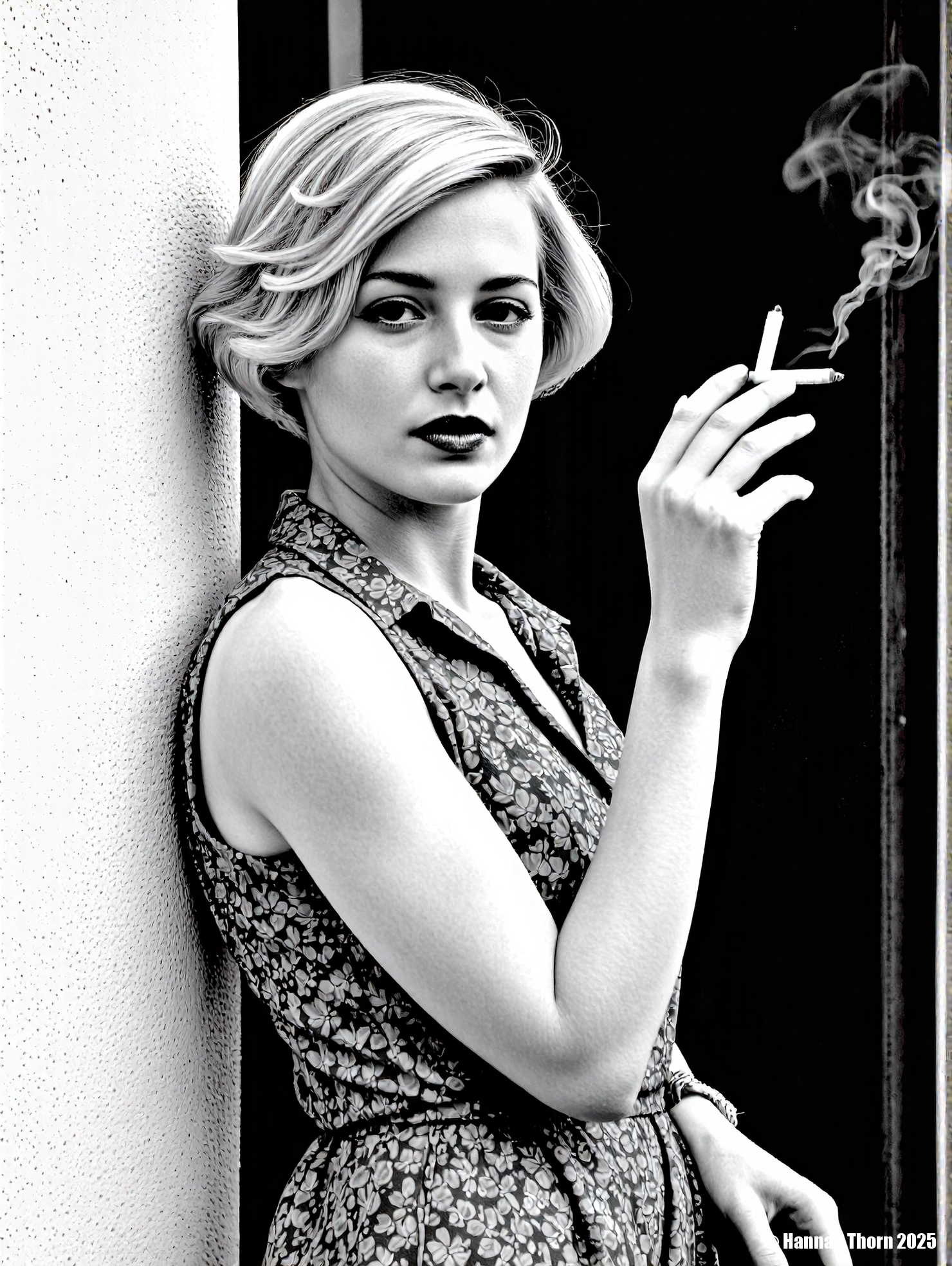 A captivating portrait of a blonde woman with wavy hair, styled in a vintage fashion, leaning against a white concrete wall. She is dressed in a patterned, long-sleeved dress, complemented by a shimmering bracelet. The composition features a close-up shot, emphasizing her expressive eyes and the soft curves of her face. The lighting is dramatic, casting strong shadows and highlights that accentuate the textures of her dress and hair. The background includes a chain-link fence, adding a touch of industrial contrast to the scene. The overall mood is sophisticated and alluring, reminiscent of classic Hollywood glamour. The image should be rendered with high detail and a shallow depth of field, focusing on the woman's face and upper body. The color palette is muted, with a focus on warm tones and subtle gradations. The final image should evoke a sense of timeless beauty and elegance., <lora:_Flux\_Photographer\Helmut_Newton-000001.safetensors:0.8300000000000002:0.8300000000000002> <lora:_Flux\_Skin_Appearance\detailifier_flux-000006.safetensors:0.8300000000000002:0.8300000000000002>, A black and white portrait of a woman standing on a porch, wearing a button-down shirt, holding a cigarette, with a stormy sky in the background, next to a house, she has short hair, her shirt is wet, she has an expressionless face, the lighting is dramatic, the scene is reminiscent of a film noir, shot on medium format film, with a shallow depth of field, creating a sense of intimacy and vulnerability, the woman's gaze is directed towards the viewer, creating a connection, the overall mood is somber and introspective, the composition is simple yet effective, emphasizing the woman's figure and the surrounding environment, the image is timeless and evocative, capturing a moment of quiet contemplation in a turbulent world, the contrast between light and shadow adds depth and dimension to the scene, the woman's posture is relaxed yet confident, suggesting a sense of resilience and strength, the image is a powerful representation of the human spirit, conveying a sense of hope and perseverance in the face of adversity., <lora:_Flux\_Photographer\Helmut_Newton-000001.safetensors:0.8300000000000002:0.8300000000000002> <lora:_Flux\_Skin_Appearance\detailifier_flux-000006.safetensors:0.8300000000000002:0.8300000000000002><lora:_Flux\_Photographer\Helmut_Newton-000001.safetensors:0.8300000000000002:0.8300000000000002> <lora:_Flux\_Skin_Appearance\detailifier_flux-000006.safetensors:0.8300000000000002:0.8300000000000002>