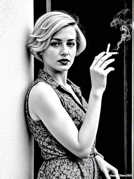 A captivating portrait of a blonde woman with wavy hair, styled in a vintage fashion, leaning against a white concrete wall. She is dressed in a patterned, long-sleeved dress, complemented by a shimmering bracelet. The composition features a close-up shot, emphasizing her expressive eyes and the soft curves of her face. The lighting is dramatic, casting strong shadows and highlights that accentuate the textures of her dress and hair. The background includes a chain-link fence, adding a touch of industrial contrast to the scene. The overall mood is sophisticated and alluring, reminiscent of classic Hollywood glamour. The image should be rendered with high detail and a shallow depth of field, focusing on the woman's face and upper body. The color palette is muted, with a focus on warm tones and subtle gradations. The final image should evoke a sense of timeless beauty and elegance., <lora:_Flux\_Photographer\Helmut_Newton-000001.safetensors:0.8300000000000002:0.8300000000000002> <lora:_Flux\_Skin_Appearance\detailifier_flux-000006.safetensors:0.8300000000000002:0.8300000000000002>, A black and white portrait of a woman standing on a porch, wearing a button-down shirt, holding a cigarette, with a stormy sky in the background, next to a house, she has short hair, her shirt is wet, she has an expressionless face, the lighting is dramatic, the scene is reminiscent of a film noir, shot on medium format film, with a shallow depth of field, creating a sense of intimacy and vulnerability, the woman's gaze is directed towards the viewer, creating a connection, the overall mood is somber and introspective, the composition is simple yet effective, emphasizing the woman's figure and the surrounding environment, the image is timeless and evocative, capturing a moment of quiet contemplation in a turbulent world, the contrast between light and shadow adds depth and dimension to the scene, the woman's posture is relaxed yet confident, suggesting a sense of resilience and strength, the image is a powerful representation of the human spirit, conveying a sense of hope and perseverance in the face of adversity., <lora:_Flux\_Photographer\Helmut_Newton-000001.safetensors:0.8300000000000002:0.8300000000000002> <lora:_Flux\_Skin_Appearance\detailifier_flux-000006.safetensors:0.8300000000000002:0.8300000000000002><lora:_Flux\_Photographer\Helmut_Newton-000001.safetensors:0.8300000000000002:0.8300000000000002> <lora:_Flux\_Skin_Appearance\detailifier_flux-000006.safetensors:0.8300000000000002:0.8300000000000002>