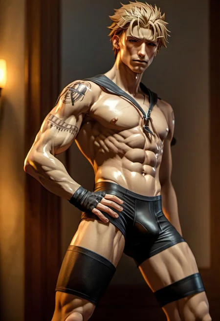 a handsome 19yo blonde twink, full-body from front, dynamic posture, dramatic angle, camera angle from below, leather thigh boots, jockstrap,
skinny muscled, slender muscled, skinny, slender features, narrow shoulders, detailed armband tattoo, cute face, boyish face, perfect biceps, great pecs, thin waist, angular face, perfect jawline, strong and powerful, sporty, predatory look, long hair, shoulder length hair, great detail, satisfaction,
(Masterpiece, high quality:1.3), masterpiece, depth of field, bokeh, detailed, homoerotic, (homoerotic), highly detailed, sharp focus, intricate, smooth, elegant, fantasy, cinematic lighting, cinematic, masterpiece, matte, photorealistic, 4k, beautiful, volumetric lighting, dramatic, photo-realistic, life-like, high detail, lighting, 8Knematic lighting, 8K, contrast lighting, contrasting lighting, cinematic lighting,
