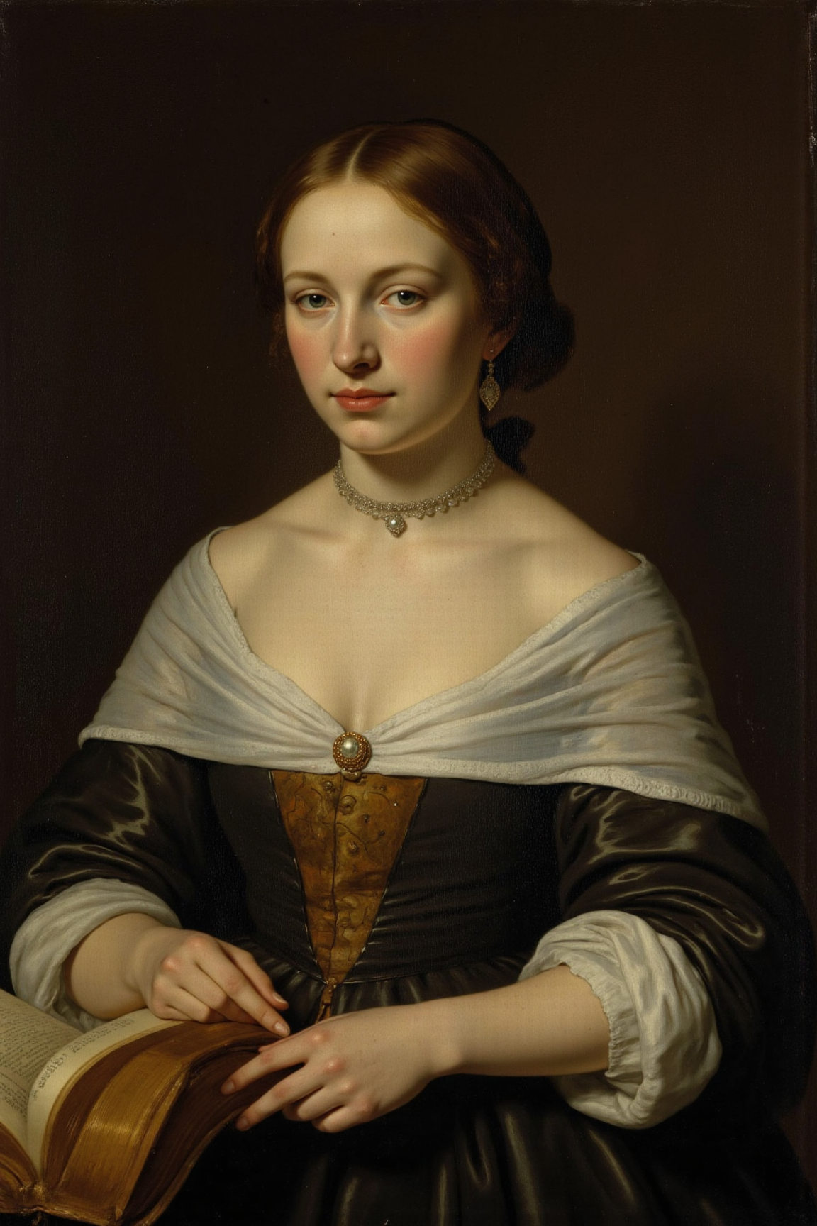 yfg-p@int, Masterpiece painting of a woman reading a book by candlelight, captured with a custom-built camera rig to mimic the soft, diffused light of 17th-century Dutch masters, similar to those achieved by Johannes Vermeer. Set the aperture to f/2.0 for a shallow depth of field that blurs the background, emphasizing the subject's contemplative expression and creating a sense of intimacy. The composition should focus on the center of interest, with the woman positioned directly in front of the light source, her face and hands illuminated by the warm glow of the candlelight. Adjust the shutter speed to 1/15 to capture the gentle dance of shadows and highlights on the subject's features, creating a sense of depth and volume. Set the white balance to warm tones to enhance the golden hues of the candlelight and add a sense of nostalgia to the image. Soft brushstrokes and subtle color gradations can be used to create a sense of texture and atmosphere in the painting.
