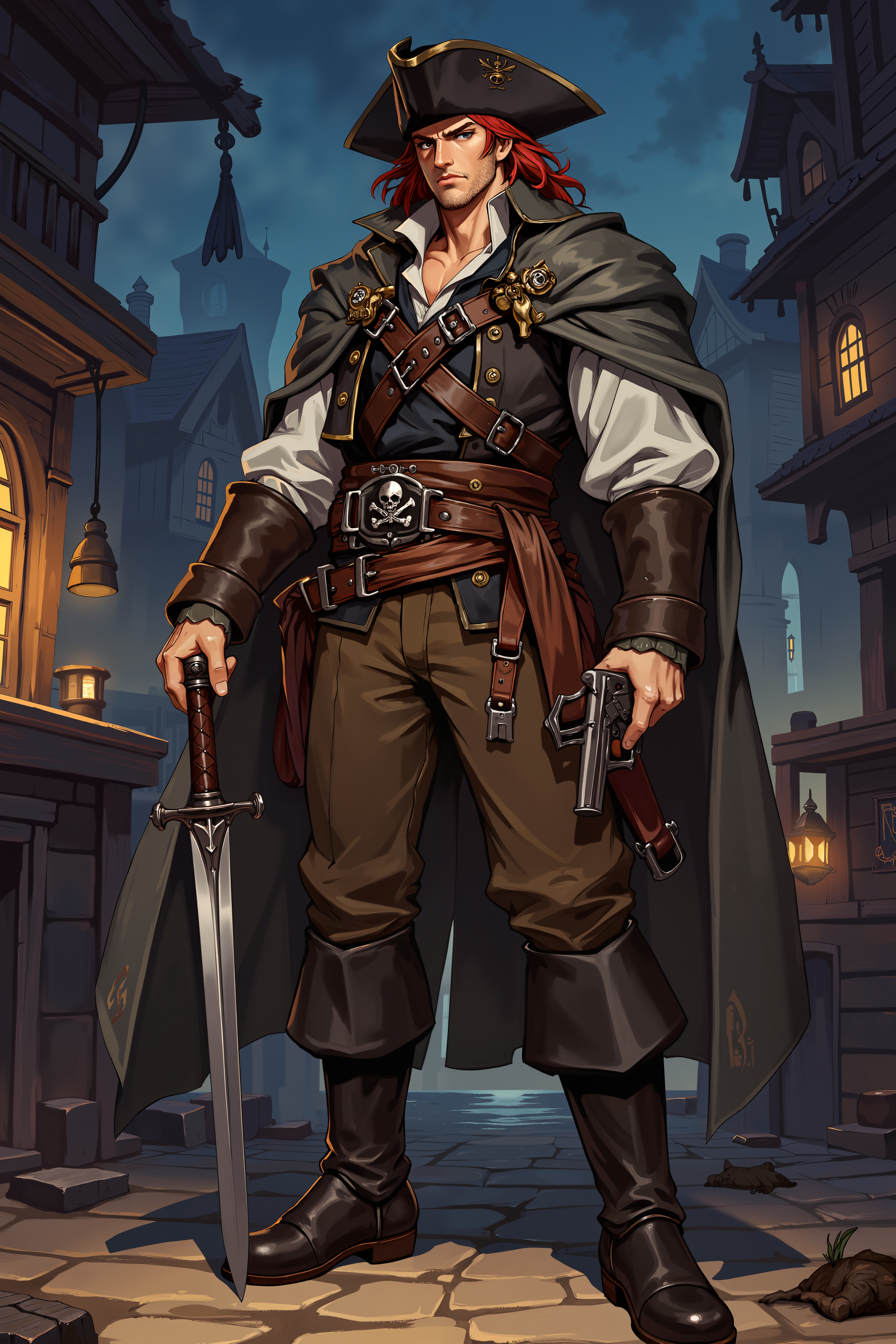 xrstyle,a rugged, male pirate with a muscular build. He has light skin, red hair, and a stern expression. He wears a black tricorn hat, a dark brown leather vest, and a long, tattered gray cloak. His brown pants are tucked into knee-high, black leather boots with silver buckles. He holds a sheathed sword in his right hand and a pistol in his left. The background is an empty pirate port in the night. , detailed background  Fantastic lighting. Detailed shadows.intricate details, vivid colors, hyper-detailed, ultra-sharp, , <lora:XRSTYLE_FLUX:0.5><lora:RetroAnimeFluxV1:0.4><lora:MoriiMee_Gothic_Niji_Style_FLUX:0.3>