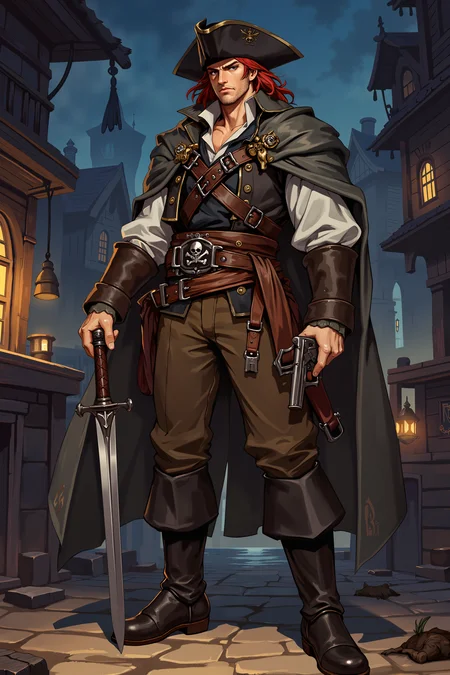 xrstyle,a rugged, male pirate with a muscular build. He has light skin, red hair, and a stern expression. He wears a black tricorn hat, a dark brown leather vest, and a long, tattered gray cloak. His brown pants are tucked into knee-high, black leather boots with silver buckles. He holds a sheathed sword in his right hand and a pistol in his left. The background is an empty pirate port in the night. , detailed background Fantastic lighting. Detailed shadows.intricate details, vivid colors, hyper-detailed, ultra-sharp, , <lora:XRSTYLE_FLUX:0.5><lora:RetroAnimeFluxV1:0.4><lora:MoriiMee_Gothic_Niji_Style_FLUX:0.3>