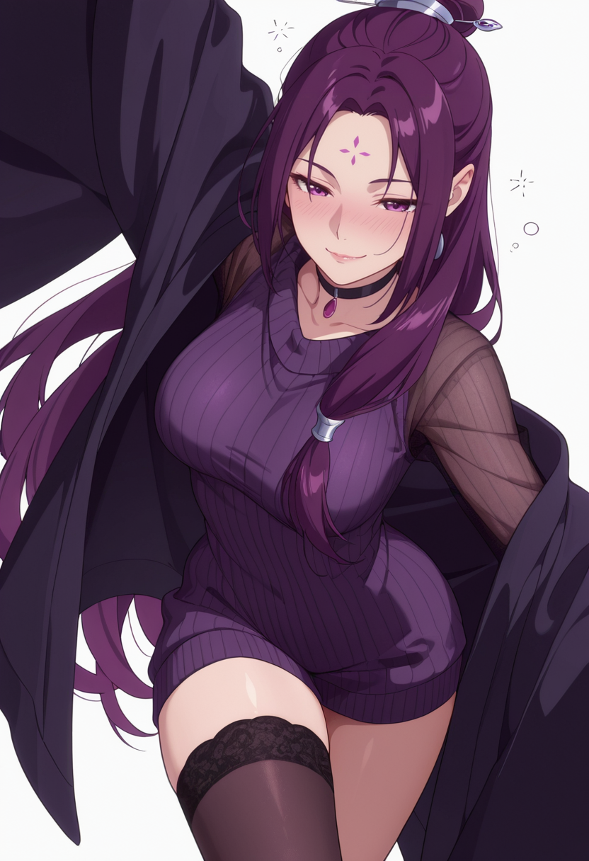 Smooth Quality,masterpiece,very intricate, high quality details, ultra realistic, high detailed skin,detailed enviorement,absurdres,
simple background, white background,solo,
dutch angle,drunk,dancing, naughty face, 
see-through, open clothes, 
 <lora:Ah-Duo_CNR:0.8> ha_duo_cnr, 1girl, purple hair, long hair, purple eyes, forehead mark, single hair bun,
unitard,  ,choker sweater,  ,asymmetrical stockings,  ,