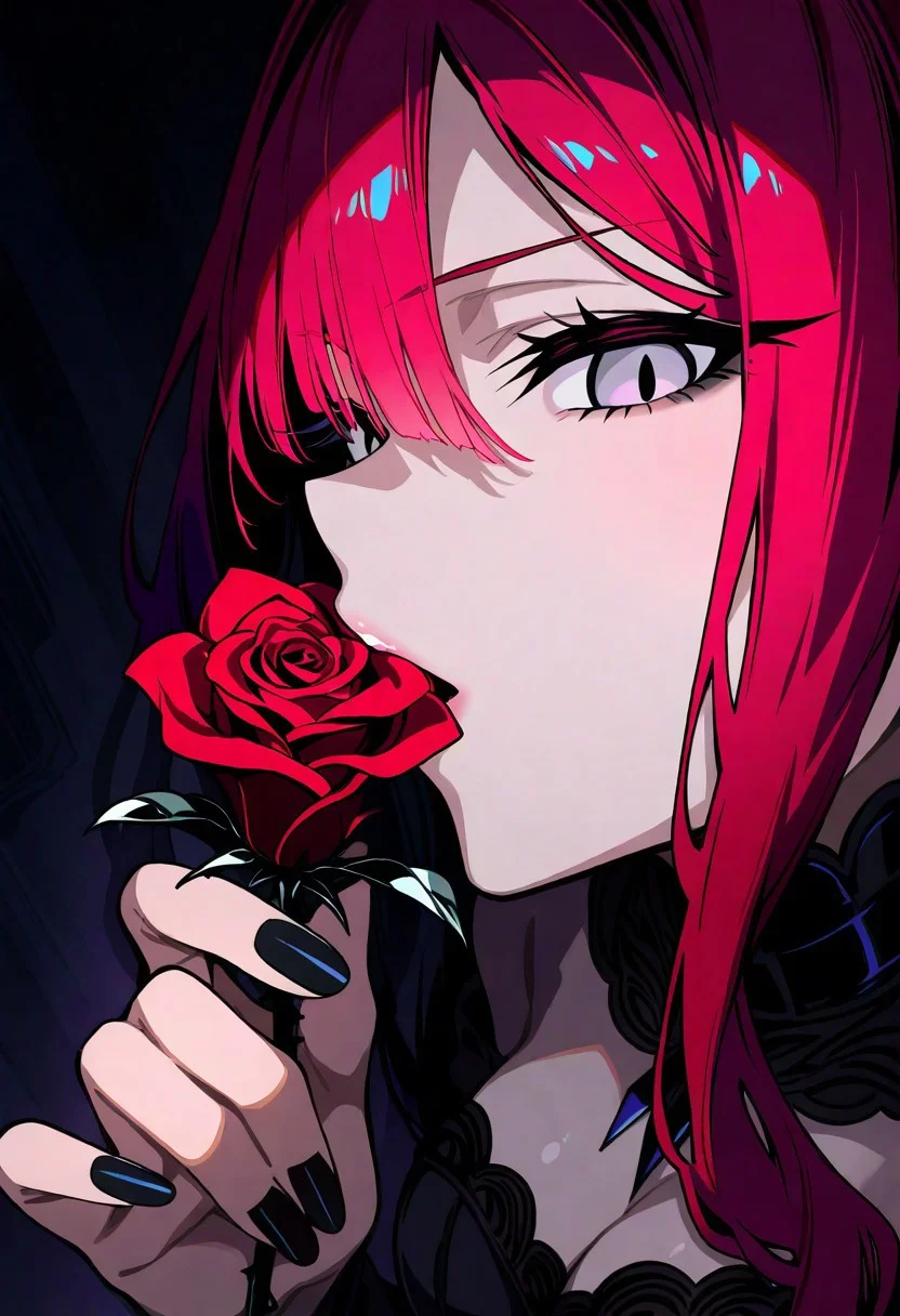 score_9_up, score_8_up, score_7_up, masterpiece, best quality, very aesthetic, absurdres, very awa, newest, (ixy:0.4), (mikan:0.4), (aabx315:0.6), 1girl, 18 years old, medium breasts, black night gown, close up, from above, from side, looking at viewer, holding a rose, touching a rose with her lips, black colour nail polish, empty room, soft dark light, Baobhan Sith (/fate grand order)