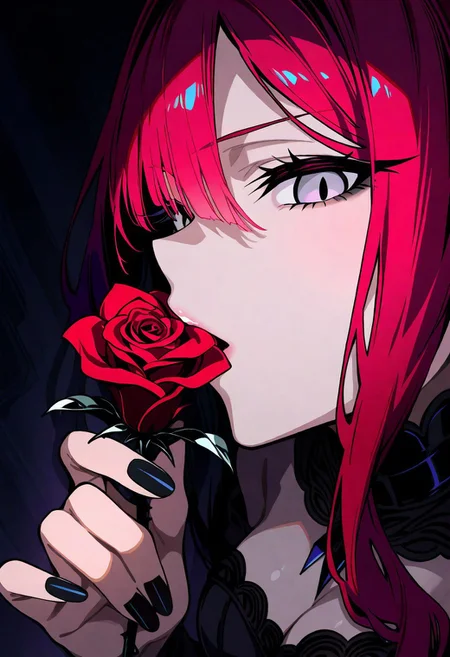 score_9_up, score_8_up, score_7_up, masterpiece, best quality, very aesthetic, absurdres, very awa, newest, (ixy:0.4), (mikan:0.4), (aabx315:0.6), 1girl, 18 years old, medium breasts, black night gown, close up, from above, from side, looking at viewer, holding a rose, touching a rose with her lips, black colour nail polish, empty room, soft dark light, Baobhan Sith (/fate grand order)
