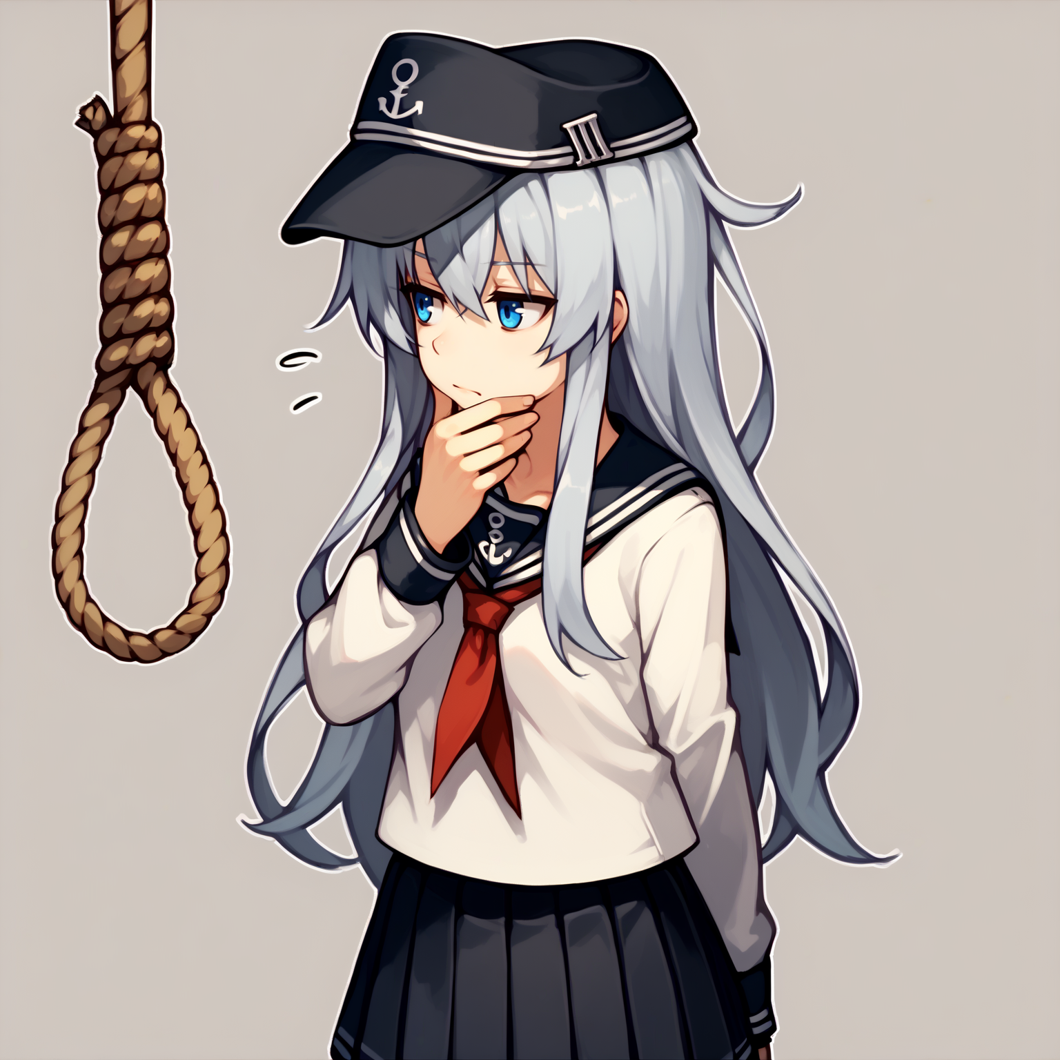 score_9,  score_7_up, BREAK,
  <lora:hibikiv2:1>, hibikikc, long hair, grey hair, blue eyes, hibikioutfitkc, serafuku, black thighhighs, pleated skirt, black hat,
 <lora:thinkingnoosev1:1>, thinkingnoose, noose, hand on own chin, solo, thinking, rope,