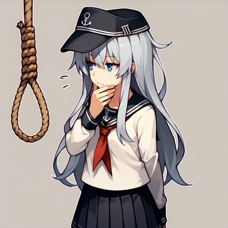 score_9,  score_7_up, BREAK,
  <lora:hibikiv2:1>, hibikikc, long hair, grey hair, blue eyes, hibikioutfitkc, serafuku, black thighhighs, pleated skirt, black hat,
 <lora:thinkingnoosev1:1>, thinkingnoose, noose, hand on own chin, solo, thinking, rope,