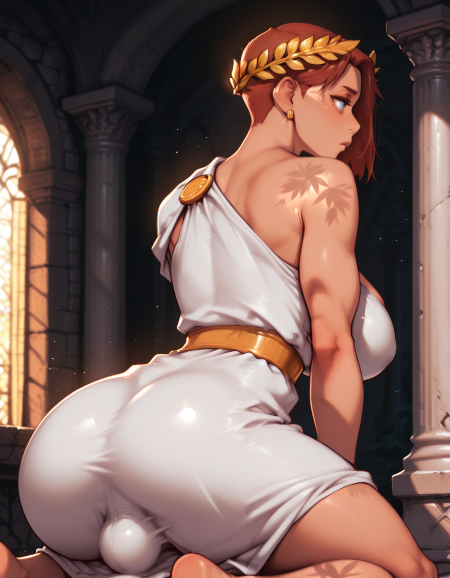 masterpiece,  best quality,  1girl, solo,  absurdres, 
huge breasts,
lucidg,
short hair, brown hair, blue eyes,
white dress, laurel crown, greek clothes, 
bulge,
kneeling with back arched, hands resting on thighs, intense stare, , from behind ,
fantasy, temple, pillars,
glowing, light particles, blurry background,
embedding:SmoothQuality,