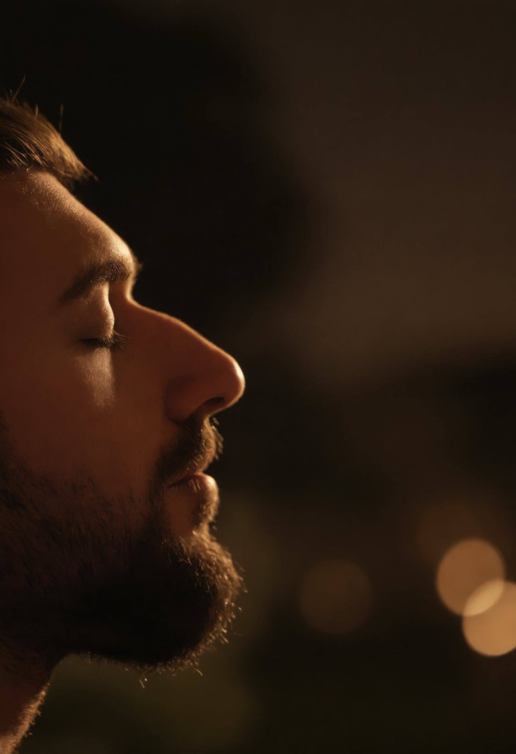 nighttime, 1boy, male focus, beard, facial hair, solo, blurry, from side, profile, closed eyes, blurry background, <lora:sdxl_nighttime:1>