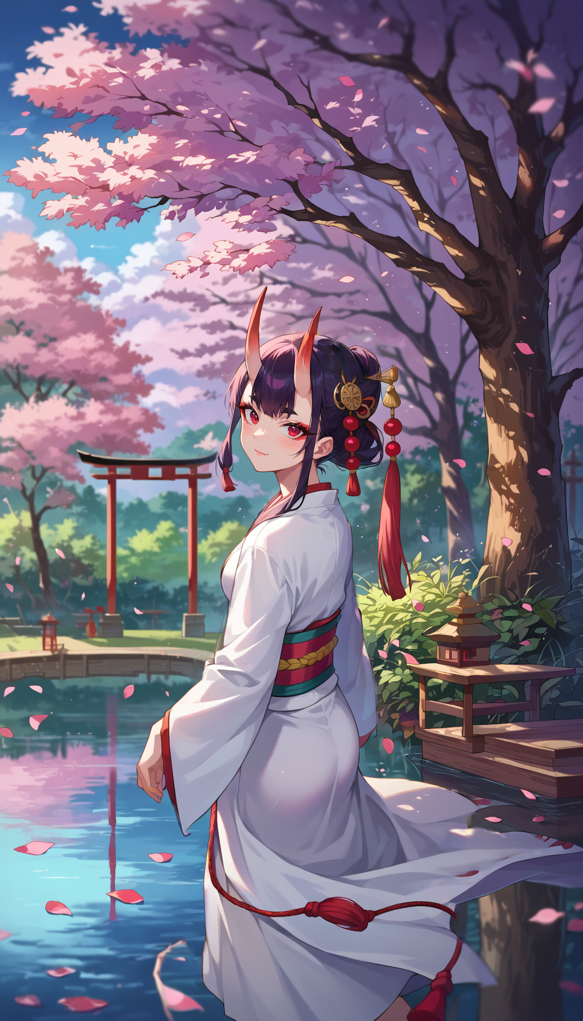score_9, score_8_up, score_7_up, score_6_up, source anime,
anime style image of a river with trees and lights in the background, scenery, cherry blossoms, tree, petals on liquid, ripples, reflection, depth of field, east asian architecture, 
1girl, white kimono, oni, tsunokakushi, looking at viewer, red eyes, light smile,
masterpiece, best quality, very aesthetic, absurdres,
<lora:detailed_backgrounds_v2:0.8>