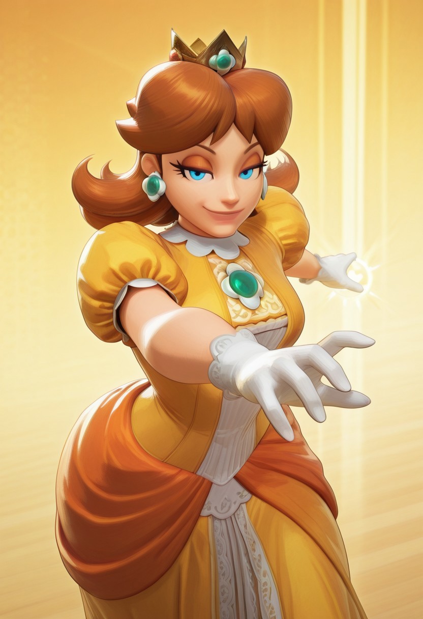 [#👧;👸]side_light,4k,(masterpiece:1.4),(best quality:1.4),(high resolution:1.4),Ultra HD, HDR,(hyperdetailed),smooth lighting,source_anime,very aesthetic,intricate details,intense,highres,vibrant colors,detailed_shadows,detailed_reflections,high-quality textures,depth of field,good shading,studio quality,epic lighting,digital illustration,path_tracing,rtx_on_styled_lighting_and_reflections,<lora:add-detail-xl:1>,looking at viewer,unblurred,perfect composition,intricate details,incredibly absurdres,dynamic angle 
[ONLY1girl,solo,ssbu_princess_daisy,daisy,super smash bros. ultimate,<lora:SSBU_Princess_Daisy-10:1>,\(Nintendo©\),Super Mario (series),symmetry,show accurate proportions,voluptuous body,tiara,👑,"twintails,short hair,brown hair,long hair,curly hair","daisy,jewelry,earrings",curvy,narrow waist,detailed breasts,(perfect hands,short white gloves,perfect fingers,perfect anatomy),"half-closed eyes,detailed eyes,seductive eyes,perfect eyes,blue eyes,detailed eyes",long eyelashes,thick eyelashes,soul,emotions,smirk,ALIVE,cocky,"dress,flower,daisies,🌼,dress,bare shoulders,jewelry,orange dress,gem,gown,puffy short sleeves,puffy sleeves,short sleeves",fighting stance,leaning forward,dynamic pose,reaching towards viewer,cowboy shot,multicolored background,dutch angle,MarvelRivals,screenshot]