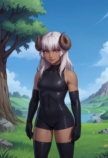 zPDXL, 1girl, solo, BREAK
felm, horns, dark-skinned female,
bodysuit, thighhighs, elbow gloves,
standing, cowboy shot,
outdoors, grass, tree, blue sky,
<lora:latex-princess-ot6-1560:0.8> <lora:felm-pony-kohya10-000009:0.8>