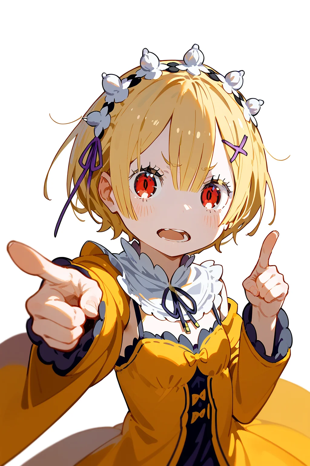 <lora:Felt_ReZero:1>, re:zero, felt, blonde hair, red eyes, dress, pointing at viewer,, (score_9,score_8_up,score_7_up)