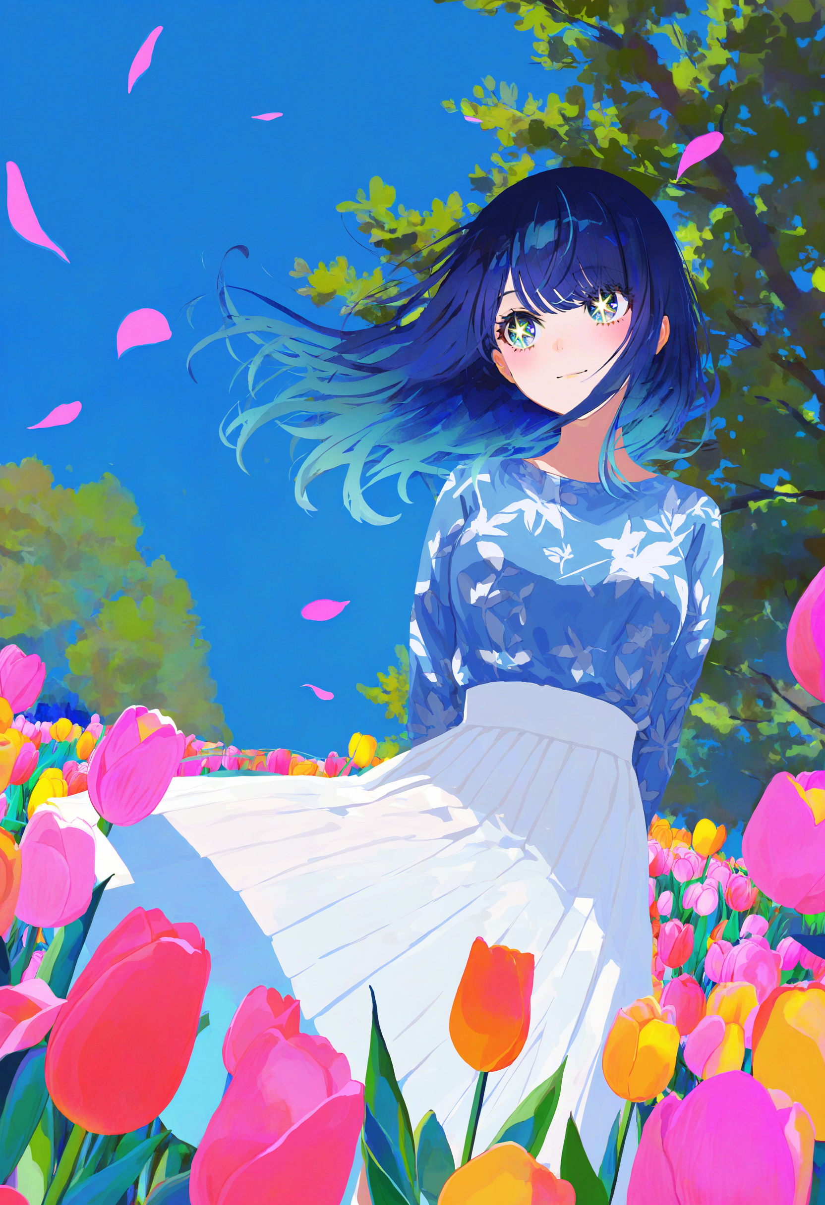 blending, flat color, no lineart, negative space,
artist:[john kafka|ponsuke kaikai|hara id 21|yoneyama mai|lam \(ramdayo\)|fuzichoco],
flower field, tulip, kurokawa akane, 1girl, blue hair, blue eyes, cowboy shot, star-shaped pupils, pleated skirt, long skirt, white skirt, outdoors, blue sky, light blue shirt, high-waist skirt, tree shade, leaf, leaf print, floral print, floral print dress, wind, floating hair, pink petals, hair over eyes, looking to the side, blush, light smile, branch, foreshortening, dutch angle,
masterpiece, best quality, very awa, absurdres
<lora:noobai_vpred_1_flower_field_v1:1>
<lora:noobai_vpred_1_masterpieces_v1:1>