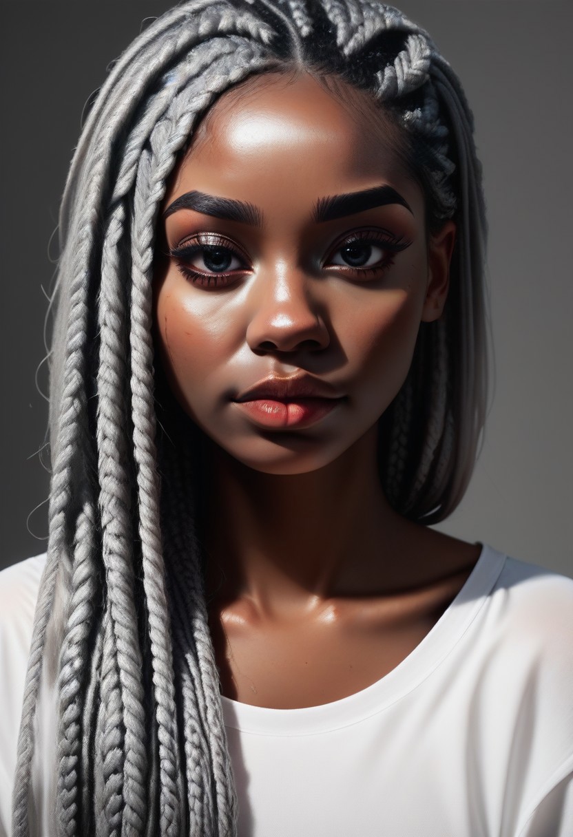 score_9, score_8_up, score_7_up, 1 woman, dark skin, long black2silver box braids, portrait, b0ll4nd, oversized sheer white tshirt, DRKDL, dramatic lighting