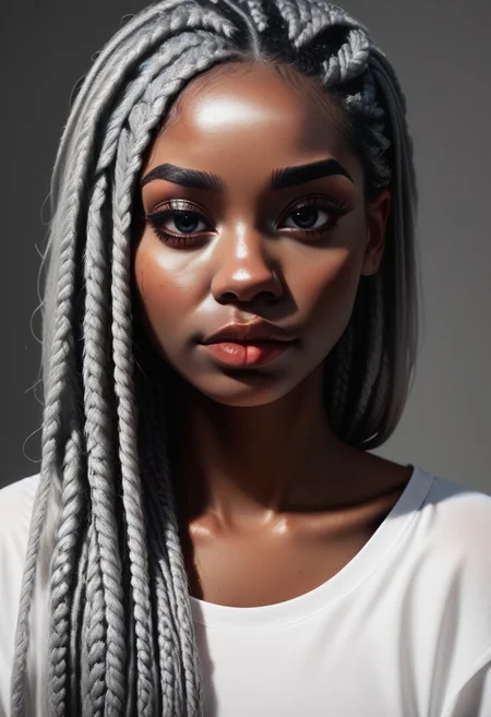 score_9, score_8_up, score_7_up, 1 woman, dark skin, long black2silver box braids, portrait, b0ll4nd, oversized sheer white tshirt, DRKDL, dramatic lighting