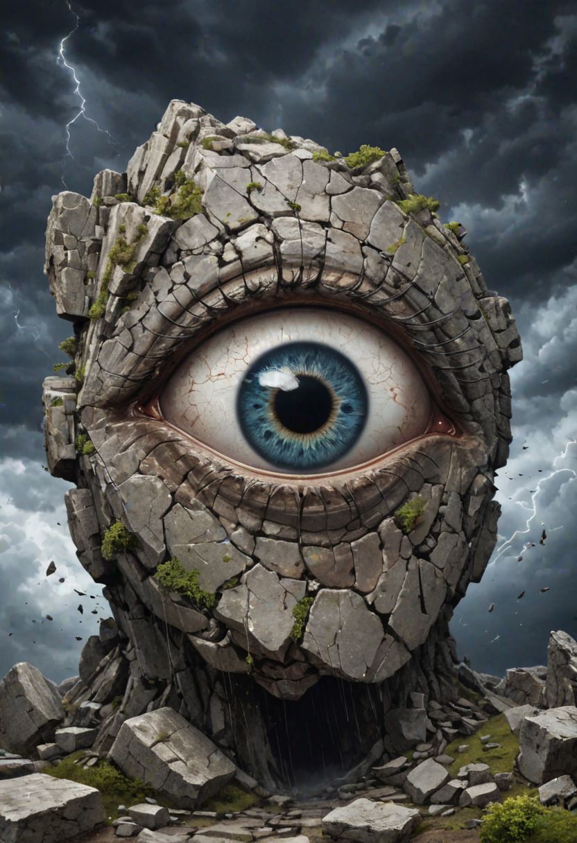 a big eye breaking out of stone, picese of stone are flying everywhere, fantasy, dark sky, high quality, detailed face, beautiful eyes