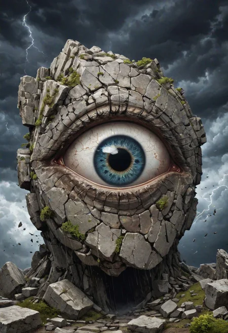a big eye breaking out of stone, picese of stone are flying everywhere, fantasy, dark sky, high quality, detailed face, beautiful eyes