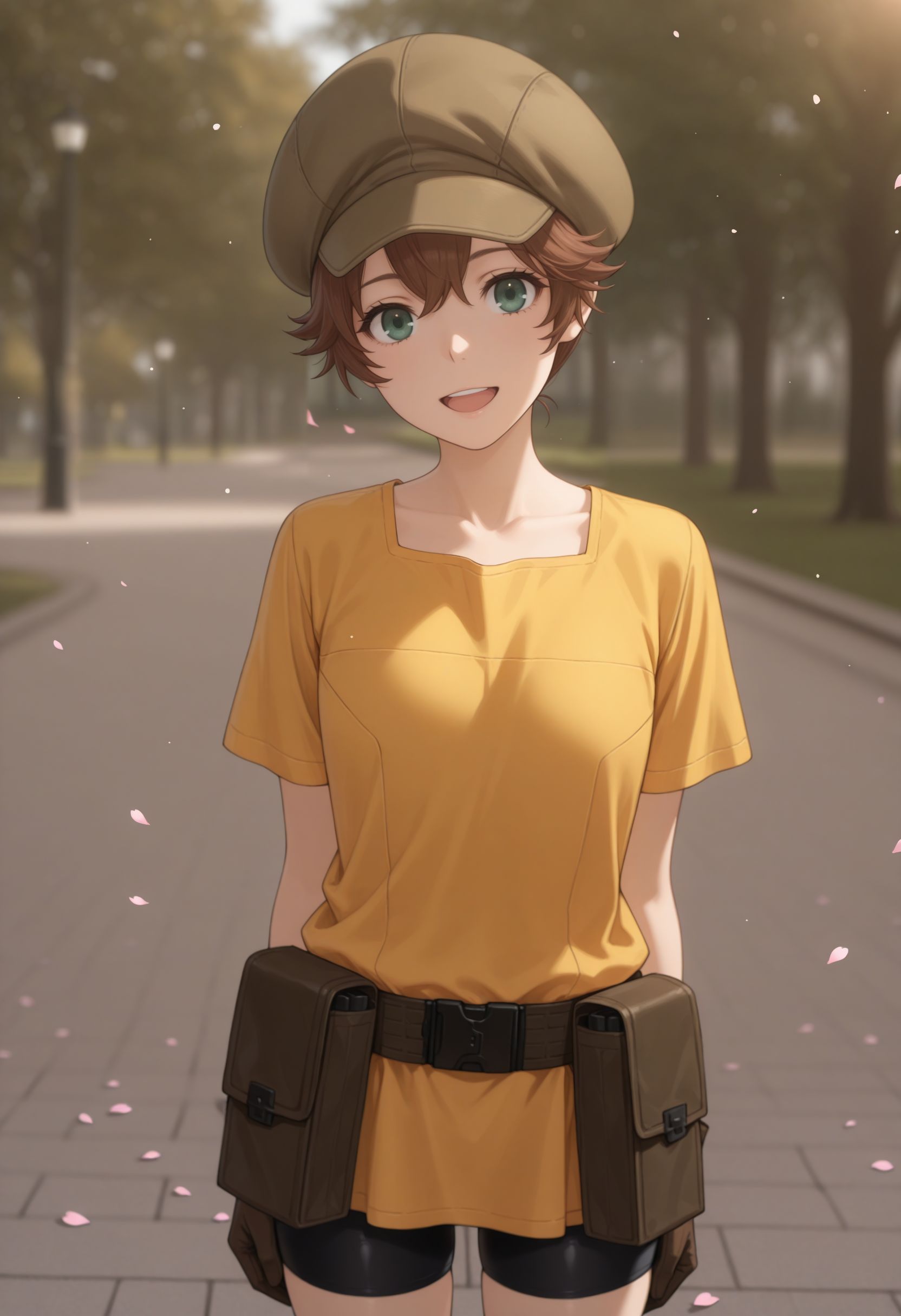 masterpiece,best quality,absurdres,highres,very aesthetic,high quality,detailed,insanely detailed,beautiful,perfect lighting, ,depth of field,blurry background,bokeh, looking at viewer, very aesthetic, , very awa , arms on back, standing, cowboy shot, park, smile, open mouth, petals,
very awa, 
looking at viewer, upper body, close potrait,
  <lora:Yakumaru Itsuki illu:1> 1girl, short hair, brown hair, green eyes, cabbie hat, short sleeves, brown gloves, yellow shirt, bike shorts, pouch