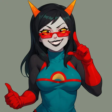 score_9, score_8_up, 
BREAK,
1girl, latula, grey skin, yellow sclera, black lips, black hair, long hair, horns, breasts, smug grin, smug eyes, clothes, red gloves, glasses, red-tinted eyewear,
source_cartoon,