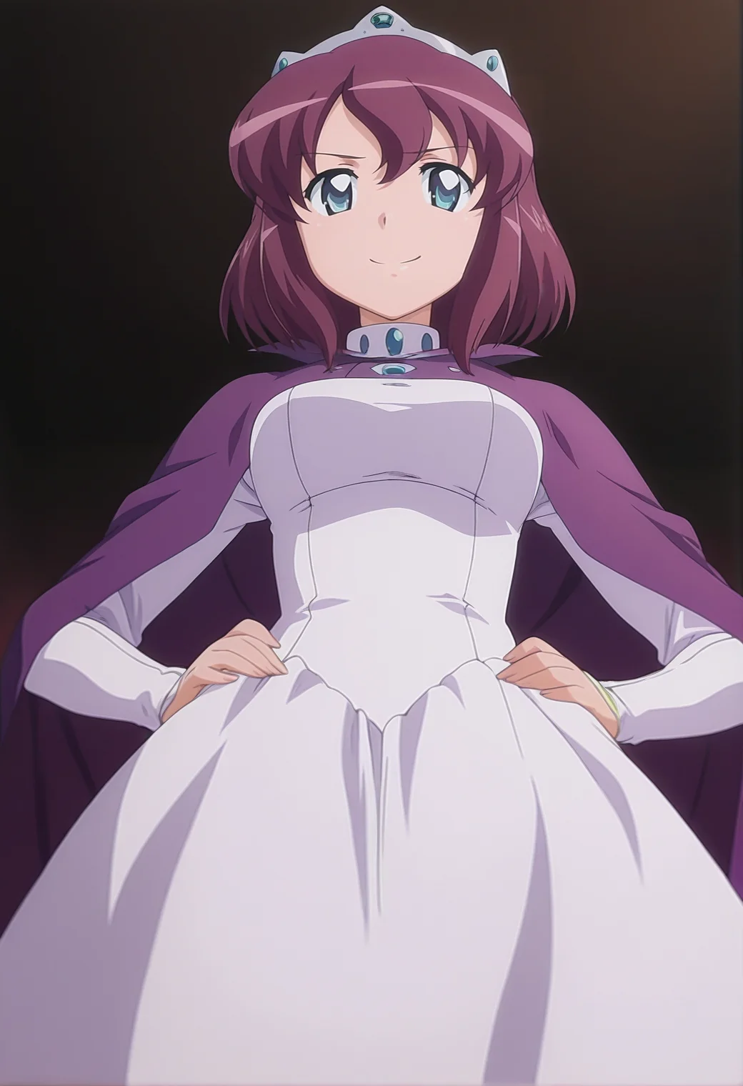 masterpiece, best quality, amazing quality, anime screencap, anime coloring, 1girl, solo, <lora:DX888Henrietta:1> henrietta de tristain, blue eyes, purple hair, short hair,tiara, purple cape, white dress, BREAK black background, diagonal-striped background, (simple background:1.2) BREAK (dynamic pose:1.2), from below, hands on ow hip