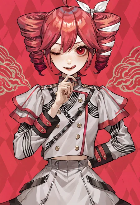 masterpiece, highres, absurdres, newest, very awa, simple background, red background, pattern background, ribbon background, 1girl, kasane teto (sv), kasane teto, white hair ribbon, red hair, drill hair, twin drills, red eyes, :q, one eye closed, wink, hand on own chin, full body, straight-on, <lora:sakauchi_waka:0.8>, <lora:spo_sdxl_10ep_4k-data_lora_webui>, <lora:ponyv5_noobV065S_1_adamW-000013:0.7>