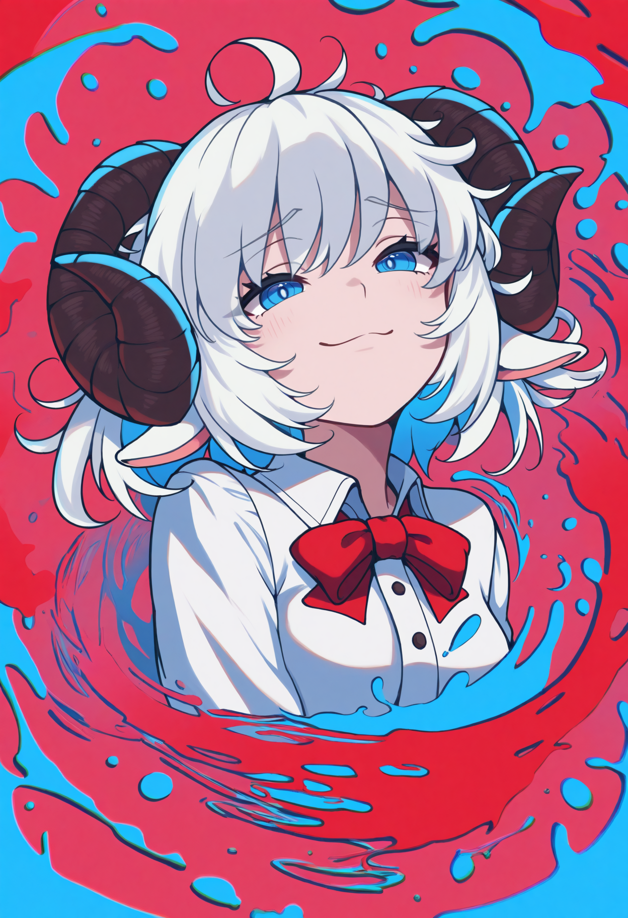masterpiece, best quality, 1girl, solo, blue eyes, white hair, short hair, ahoge, messy hair, sheep horns, sheep girl, red bowtie, collared shirt, abstract, intricate details, chromatic aberration, swirling motions, explosive effect, smile, cropped torso, smug, splash of color, color splash, blue theme, red theme