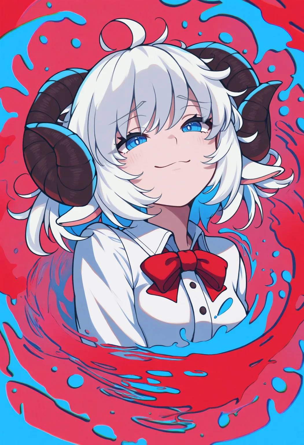 masterpiece, best quality, 1girl, solo, blue eyes, white hair, short hair, ahoge, messy hair, sheep horns, sheep girl, red bowtie, collared shirt, abstract, intricate details, chromatic aberration, swirling motions, explosive effect, smile, cropped torso, smug, splash of color, color splash, blue theme, red theme