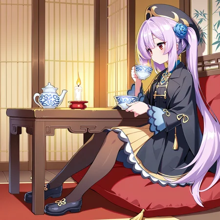 (masterpiece), (best quality), (ultra-detailed), (best illustration), (best shadow), (absurdres), (detailed background), (very aesthetic), 1girl, solo, detailed Chinese room, red lacquered tea table, silk cushions, intricate wall scrolls, bamboo screen, warm candlelight, sitting at a table, drinking tea from porcelain cup, <lora:Dong_Bai:1>, Dong Bai, red eyes, lavender hair, very long hair, black hat beret, twintails, blue hair flower, hair ornament, black capelet, black chinese clothes, skirt, pantyhose, shoes, full body