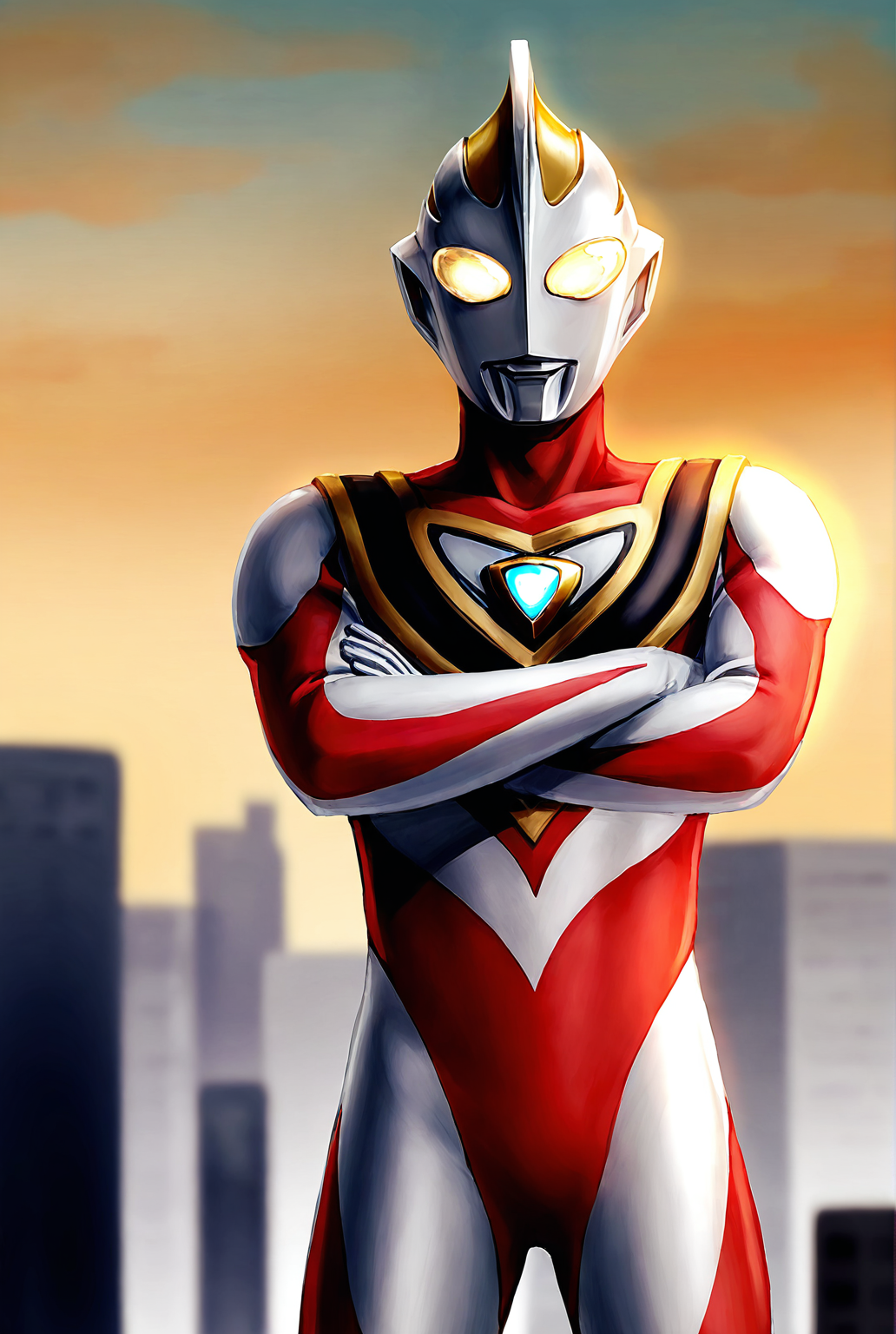 score_9,score_8_up,score_7_up,male focus,ultra-detailed,high resolution,digital painting,8k,1boy,solo,cowboy shot,male focus,detailed face,tokusatsu,alien,yellow eyes,bodysuit,standing,crossed arms,giant, cityscape, sky, looking at viewer,<lora:add-detail-xl:1>,<lora:Ultraman Gaia:0.7>,ultraman gaia,
