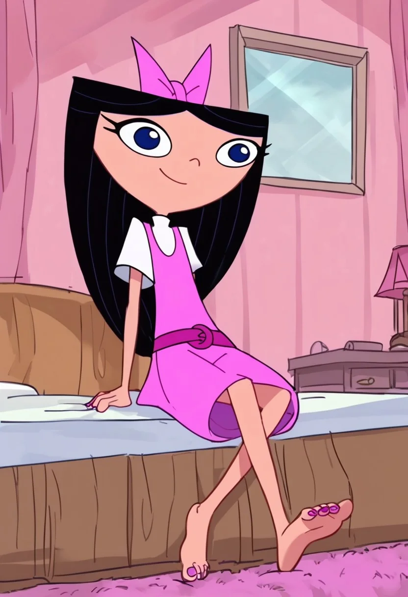 score_9, score_8_up, score_7_up, BREAK, masterpiece, highres, Isabellapony, 1girl, solo, black hair, long hair, hips, smile, blue eyes, pink dress, purple chest pocket, white undershirt, pink hairbow, barefoot, pink toenail polish, soles, smile, sitting, looking at viewer, indoors, bedroom, pink room, bed, flat chest, down below, <lora:isabella_garcia-shapiro:1>