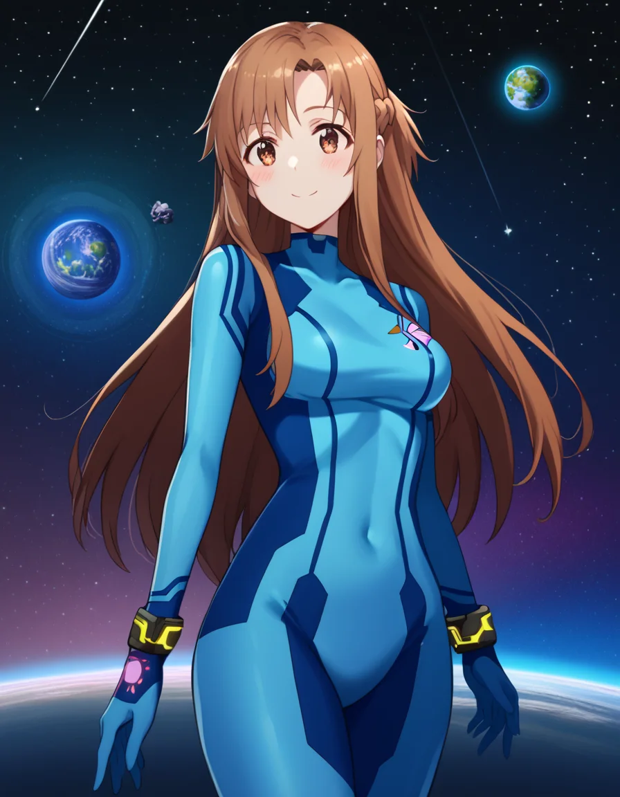 score_9, score_8_up, score_7_up, source_anime, asunayuuki, <lora:asuna-yuuki-s1-ponyxl-lora-nochekaiser:1>, asuna yuuki, long hair, brown hair, brown eyes,, <lora:samus-aran-cosplay-ponyxl-lora-nochekaiser:1>, samusarancosplay, samus aran \(cosplay\), blue bodysuit, bodysuit, covered navel, skin tight, zero suit,, space, planet, earth \(planet\), star \(sky\), galaxy, nebula, moon, blush, smile,, cowboy shot, dutch angle, solo,