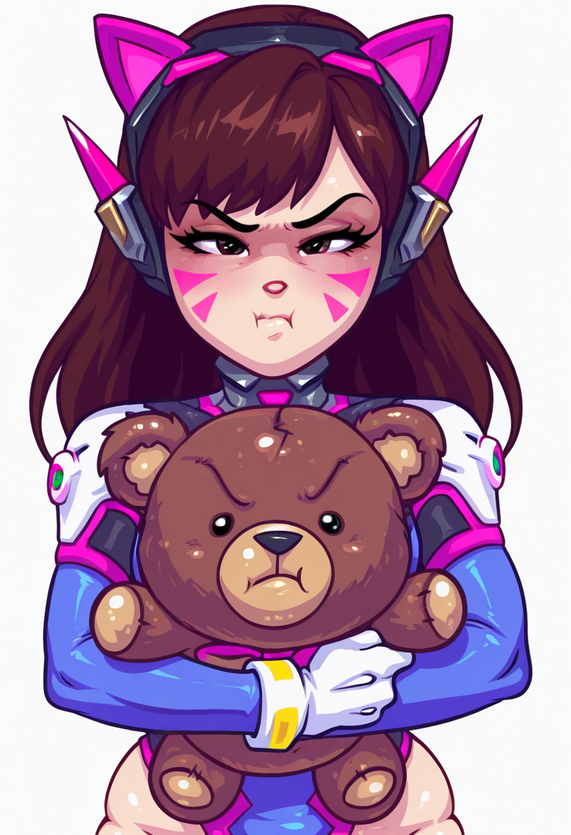 55Mstyle, gonzossm style,  masterpiece, best quality, solo,            d.va \(overwatch\), detailed eyes, face shot, pout, fake animal ears, holding a teddybear, white background, leotard, skindentation, small breasts,