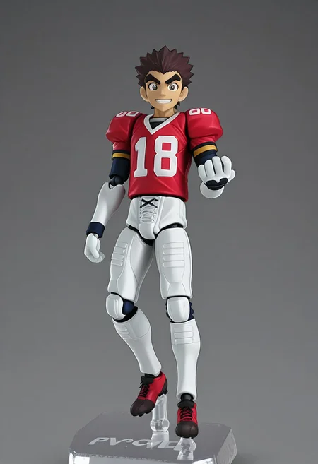 figma, figure anime style, PVC, Yaoi figure PVC, PVC boy, PVC texture, male, High Quality, perfect anatomy, HD, anime style, break
TAROU RAIMON, 1boy, solo, plastic skin, plastic texture, plastic figure,  alone, brown hair,  thick eyebrows, dark brown eyes, athletic build, smiling, posing, looking at viewer, football uniform, tight uniform, red and white uniform,
