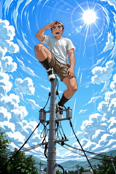 masterpiece, best quality, amazing quality, ultra-detailed, absurdres, highly detailed, 1boy, male, male focus, thick eyebrows, brown eyes, on top of pole, utility pole, power lines, climbing, cloud, day, legs, lens flare, white shirt, shorts, on top of pole, outdoors, very short hair, sky, solo, sun, sunlight, transformer, wide shot, wind, pole, open mouth, from below, shoes, black socks, salute