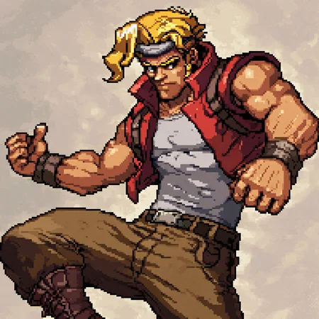 <lora:metalslugxl:1>, metalslugxl, pixelated, mspixel, score_9, score_8_up, score_7_up, (solo), 1boy, marco, red vest, red headband, blonde hair, pants, boots, fringe, BREAK, shoreline background, cowboy shot, upper body, grey shirt, wristbands, low angle, sideburns,