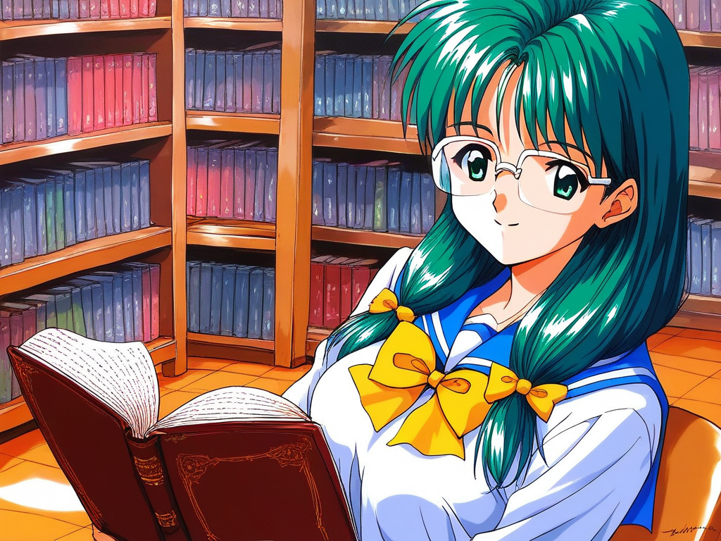 score_9, score_8_up, score_7_up, source_anime, rating_explicit, BREAK  <lora:Kisaragi_Mio_XL:1> Kisaragi_Mio, long hair,  green hair,  glasses,  green eyes, hair over shoulder, low-tied long hair,  medium breasts, 1990s \(style\),  solo,
 school uniform, book, smile, bow, serafuku, sailor collar, yellow bow, reading,
library,