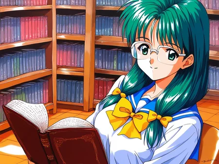 score_9, score_8_up, score_7_up, source_anime, rating_explicit, BREAK  <lora:Kisaragi_Mio_XL:1> Kisaragi_Mio, long hair,  green hair,  glasses,  green eyes, hair over shoulder, low-tied long hair,  medium breasts, 1990s \(style\),  solo,
 school uniform, book, smile, bow, serafuku, sailor collar, yellow bow, reading,
library,