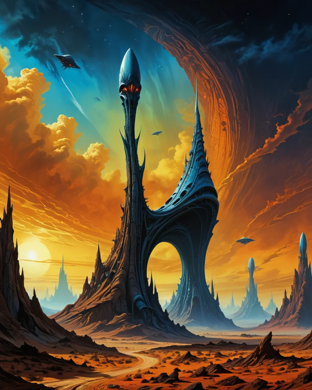 alien landscape in the style of Roger Dean, fantastic single slender towering spire with graceful curves arching up into the sky, spaceship, (alien creatures:1.9), extreme contrast, intense colors, (chiaroscuro:1.9), ultra resolution, <lora:add-detail-xl:0.75>, <lora:xl_more_art-full_v1:0.5>