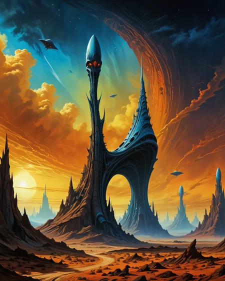 alien landscape in the style of Roger Dean, fantastic single slender towering spire with graceful curves arching up into the sky, spaceship, (alien creatures:1.9), extreme contrast, intense colors, (chiaroscuro:1.9), ultra resolution, <lora:add-detail-xl:0.75>, <lora:xl_more_art-full_v1:0.5>